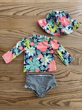 Baby Girl Rashguard Swimsuit Set with Sun Hat